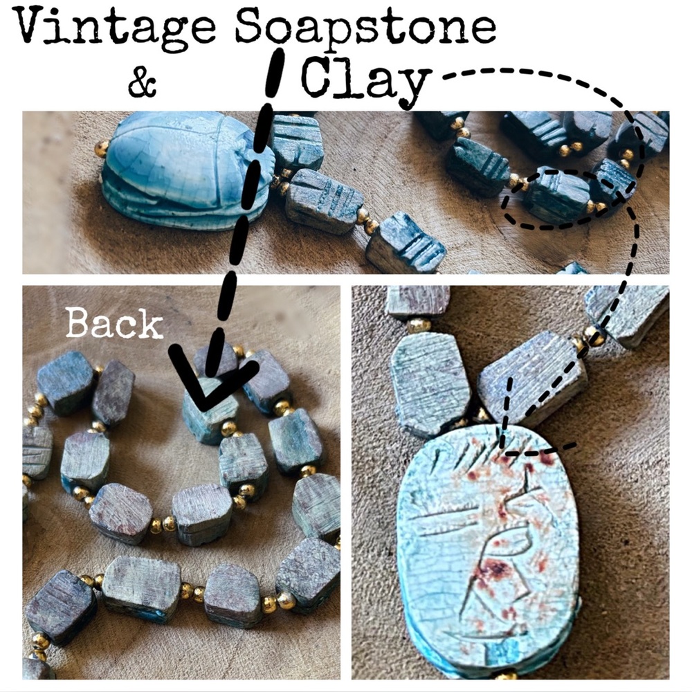 Vintage Soapstone & Chunky Egyptian Ceramic Scarab Necklace - Picture 11 of 14
